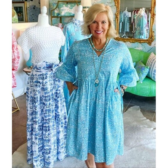 Susan Albright Dress L The Fripp Blue Aqua Blue White Cotton Tie Side Happy Plac - Picture 2 of 16